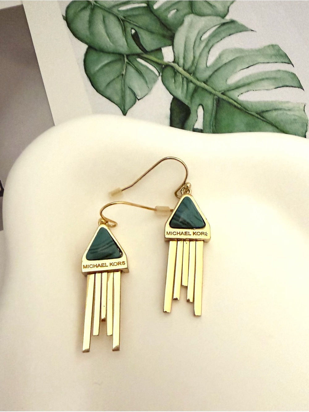 Michael Kors Gold Earrings with Teal Triangle and Fringe Drops